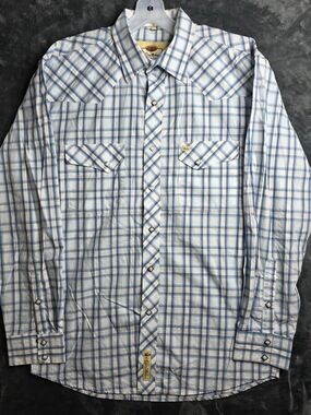 Larry Mahan White and Light Blue Plaid Western Diamond Pearl Snap Shirt. Sz L.